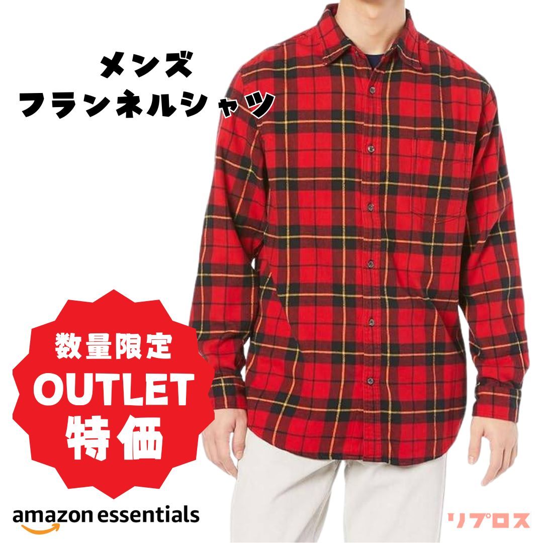 Amazon Essentials メンズ フランネルシャツ Mサイズ スリムフィット 長袖 ブラック・レッド・イエロー ラージチェック柄 コットン100%