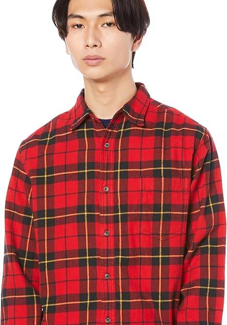 Amazon Essentials メンズ フランネルシャツ Mサイズ スリムフィット 長袖 ブラック・レッド・イエロー ラージチェック柄 コットン100%